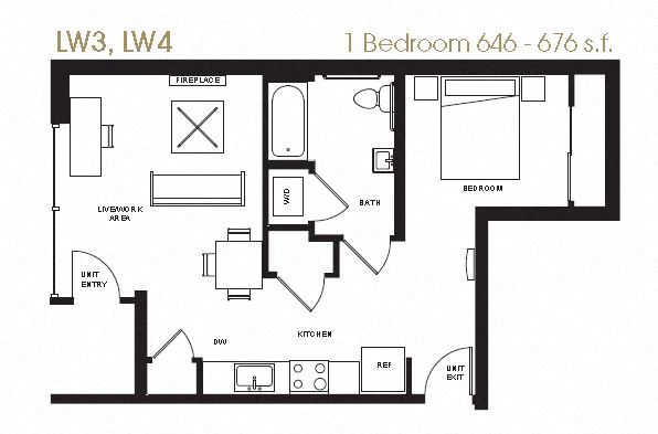 Floor plan for 1 bed, 1 bath, 646 sqft